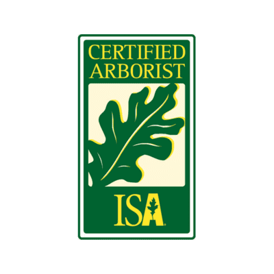 The image shows the ISA Certified Arborist logo featuring a green leaf and yellow text on a green background.