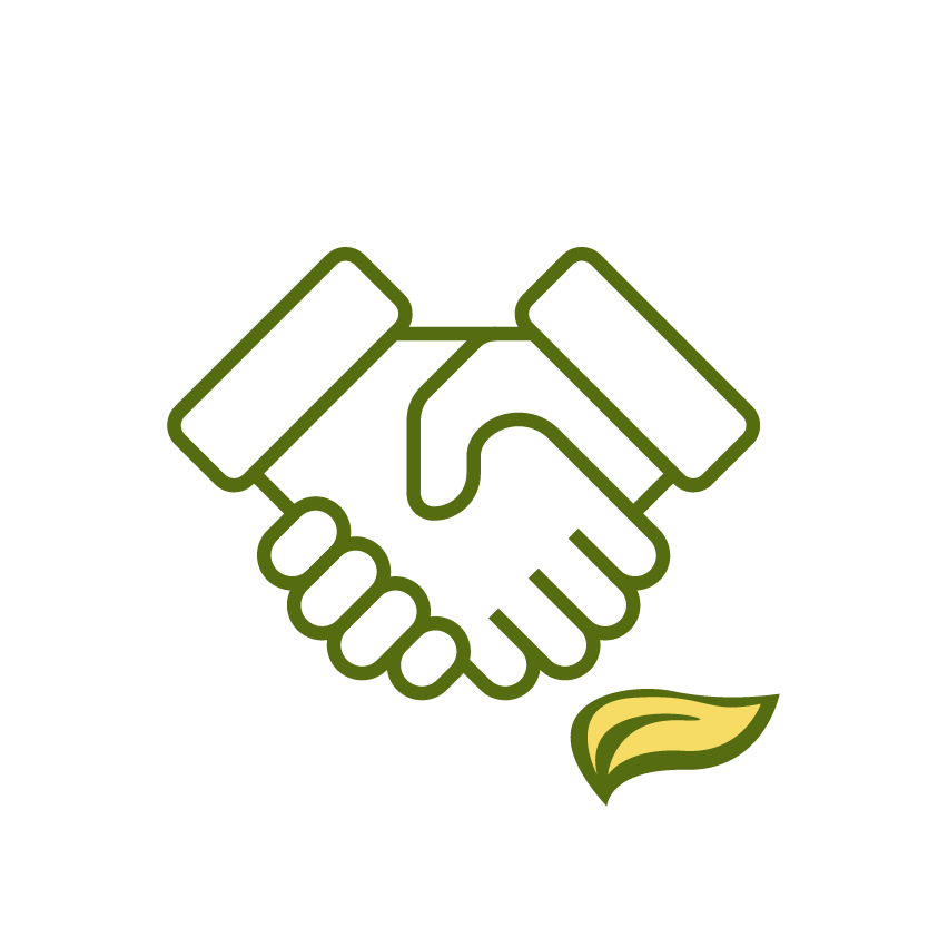 The image shows a green outline of a handshake with a leaf beneath, symbolizing sustainability or eco-friendly agreement on a black background.