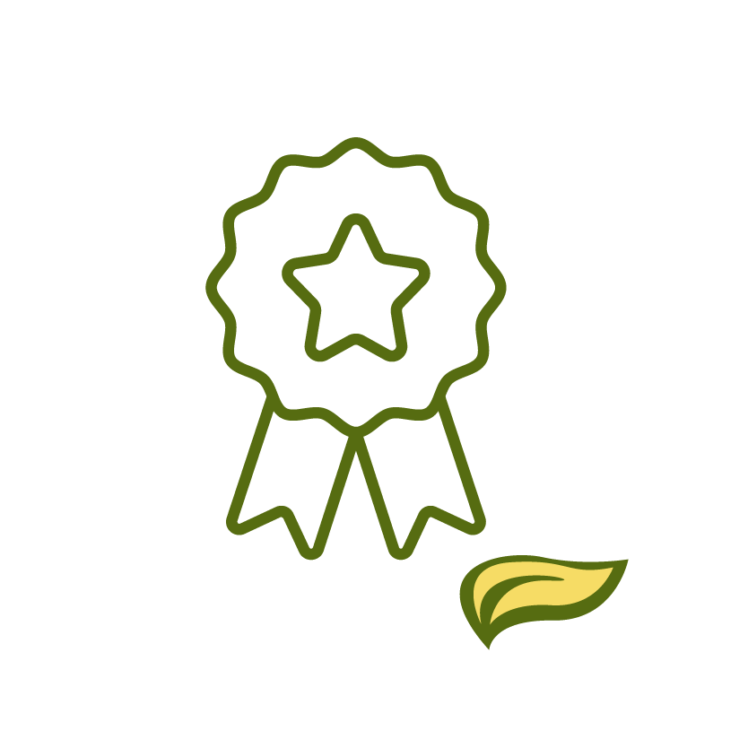 An illustration features a green award ribbon with a star, alongside a small green leaf on a black background.