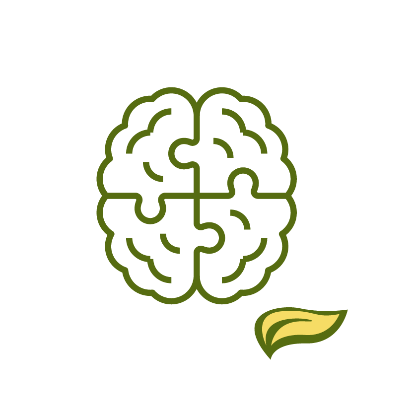 Illustration of a green puzzle-shaped brain paired with a small green leaf on a black background, symbolizing growth and intelligence.