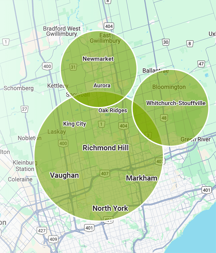 Map showing regions of Newmarket, Aurora, Whitchurch-Stouffville, Vaughan, Richmond Hill, Markham, and North York. Highlighted areas indicate different zones in Ontario.