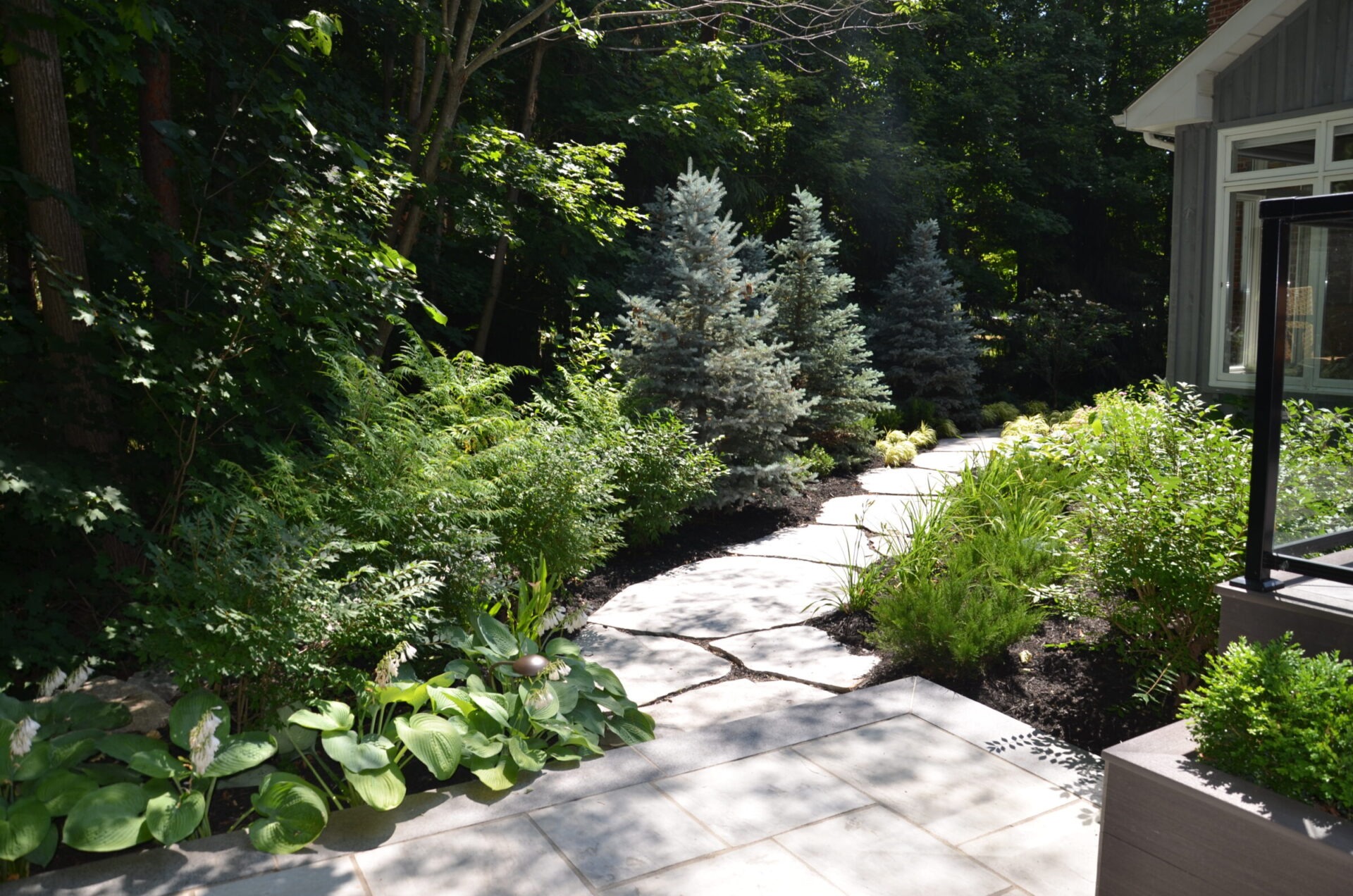 A stone path winds through a lush garden with diverse greenery, leading to a house in a serene, forested setting.