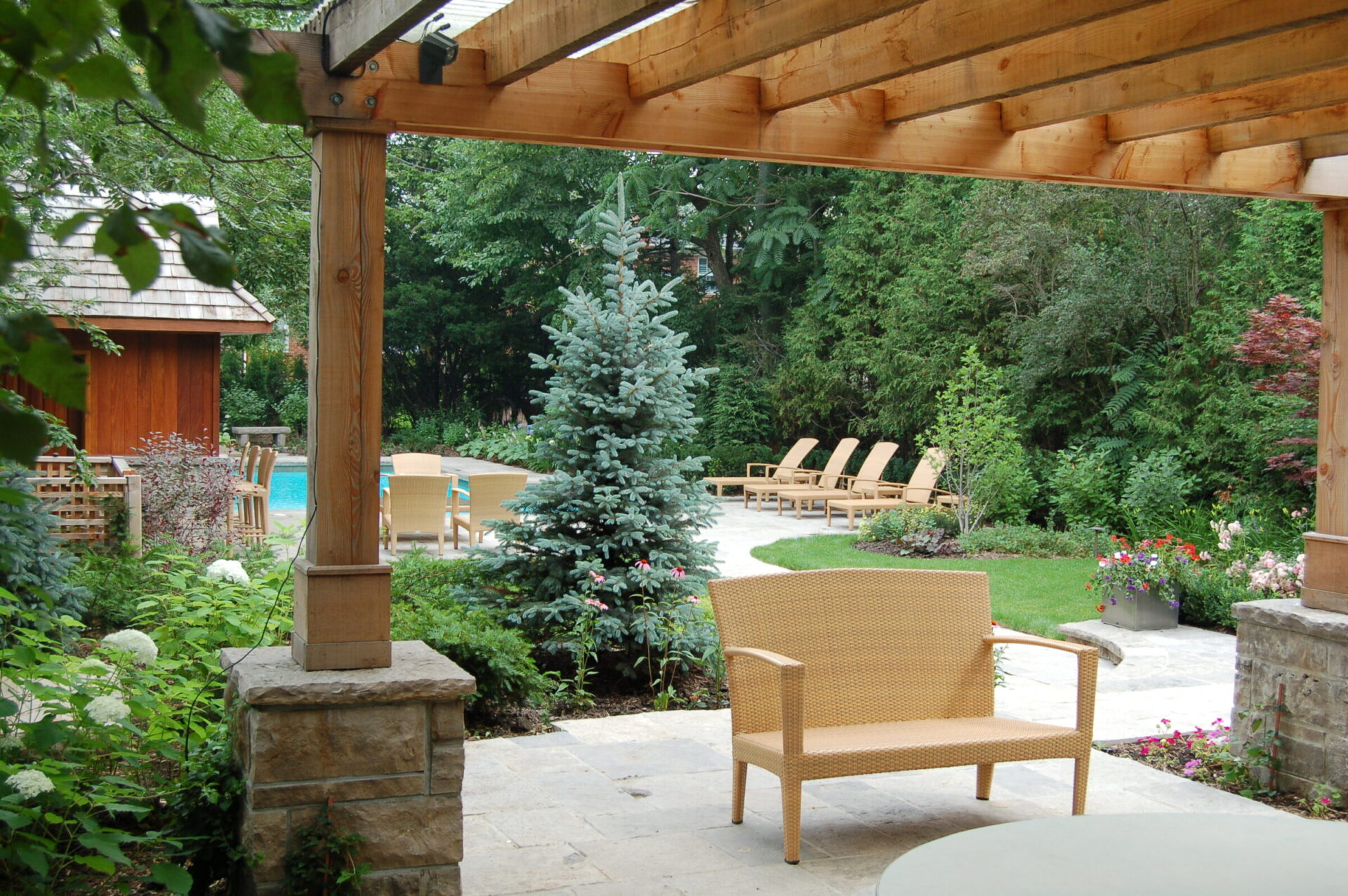 A serene backyard features a wooden pergola, patio furniture, lush greenery, a swimming pool, and lounge chairs, creating a tranquil outdoor retreat.