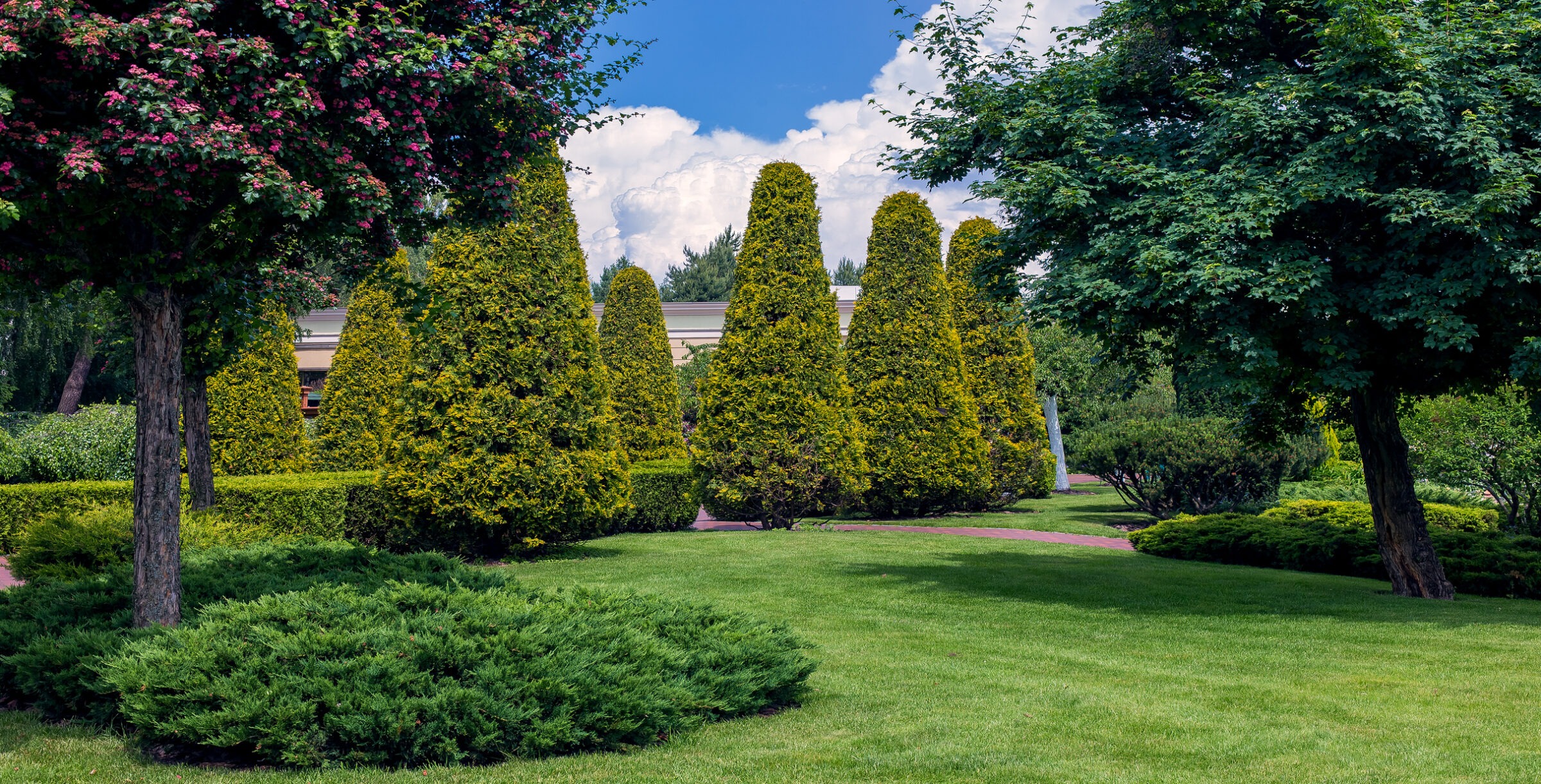 A lush park setting featuring neatly trimmed trees, vibrant grass, and blue sky. No people or recognizable landmarks are visible in the image.