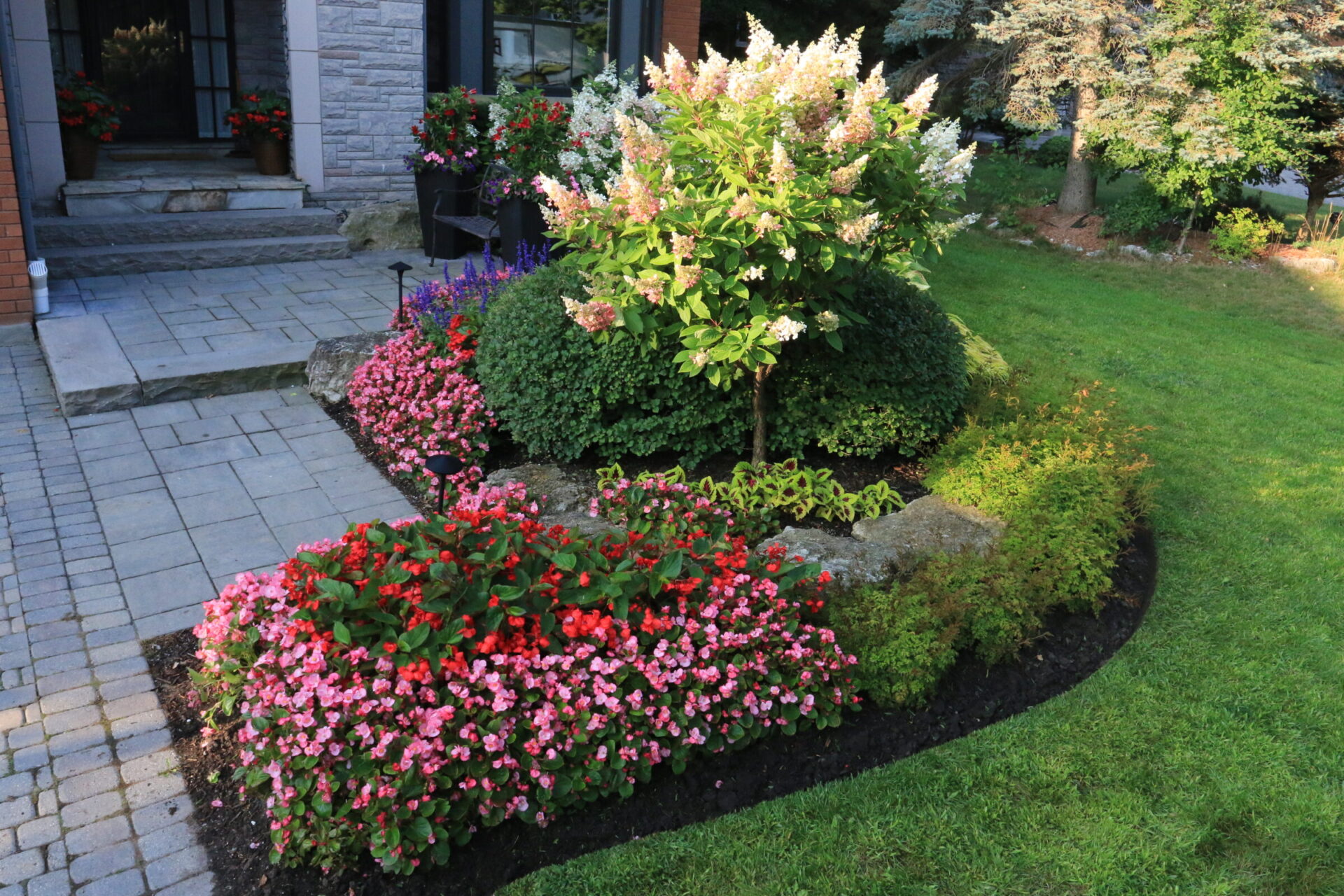 A well-maintained garden with colorful flowers and lush greenery borders a stone pathway and entrance to a house.