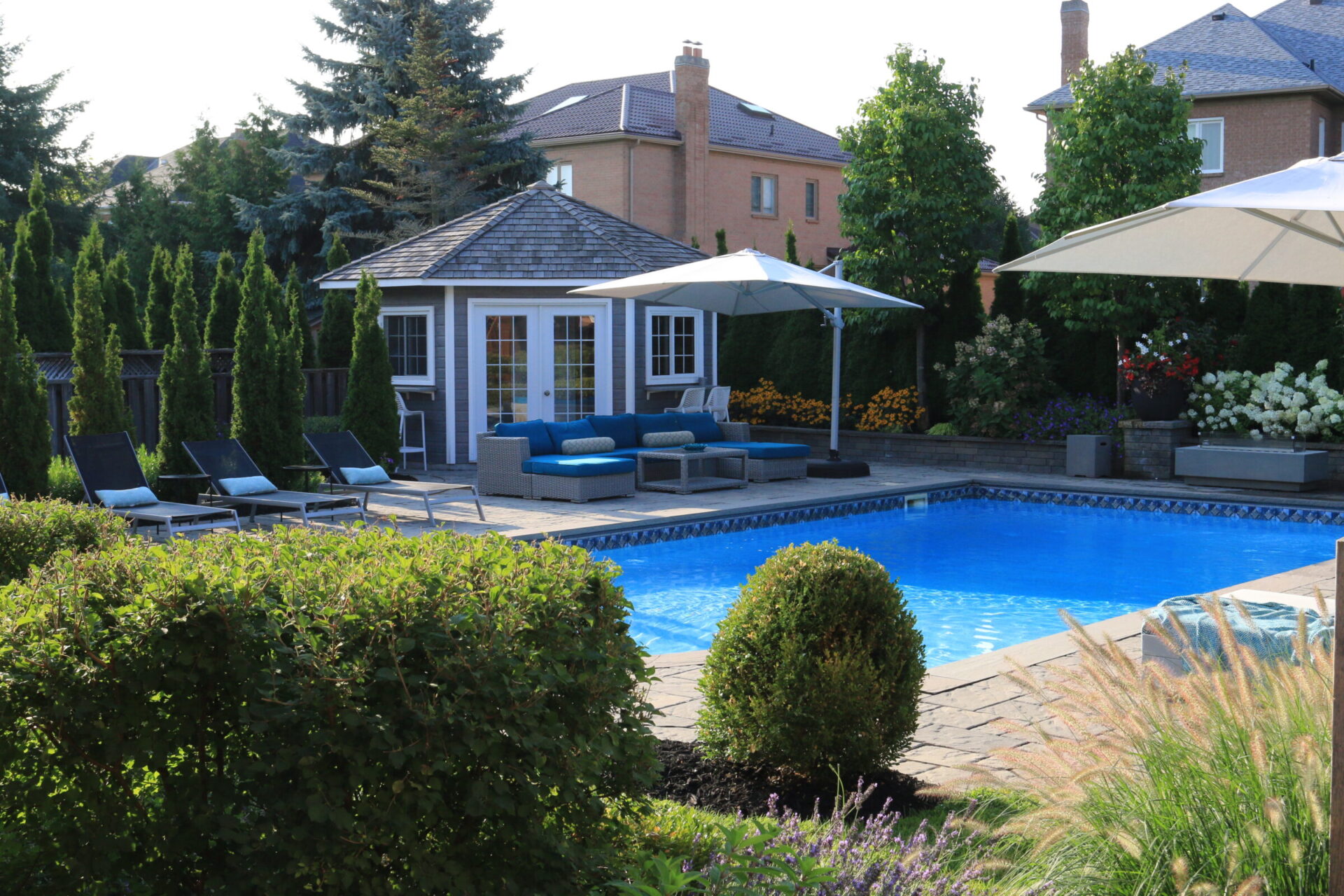 A backyard with a swimming pool, patio furniture, umbrellas, and a pool house, surrounded by trees and shrubs in a residential neighborhood.