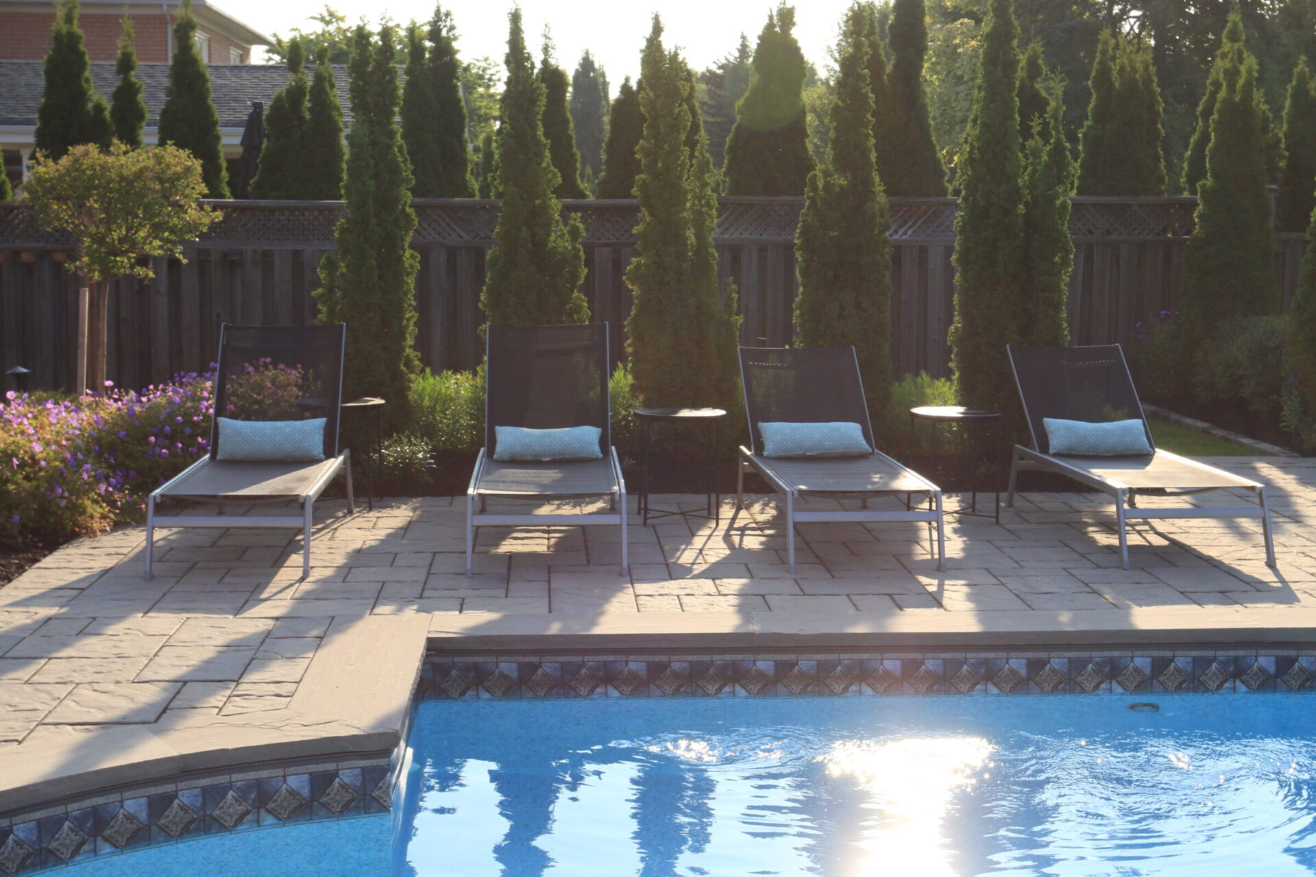 Four lounge chairs by a bright blue swimming pool, surrounded by tall evergreen trees and a wooden fence, in a sunny, tranquil setting.