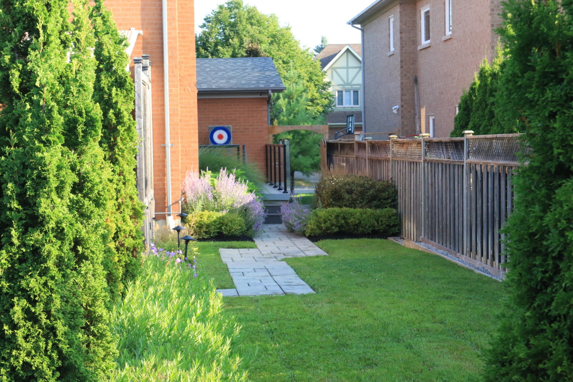 A narrow backyard with lush green grass, wooden fence, and a pathway bordered by shrubs leading to a house with a target on it.