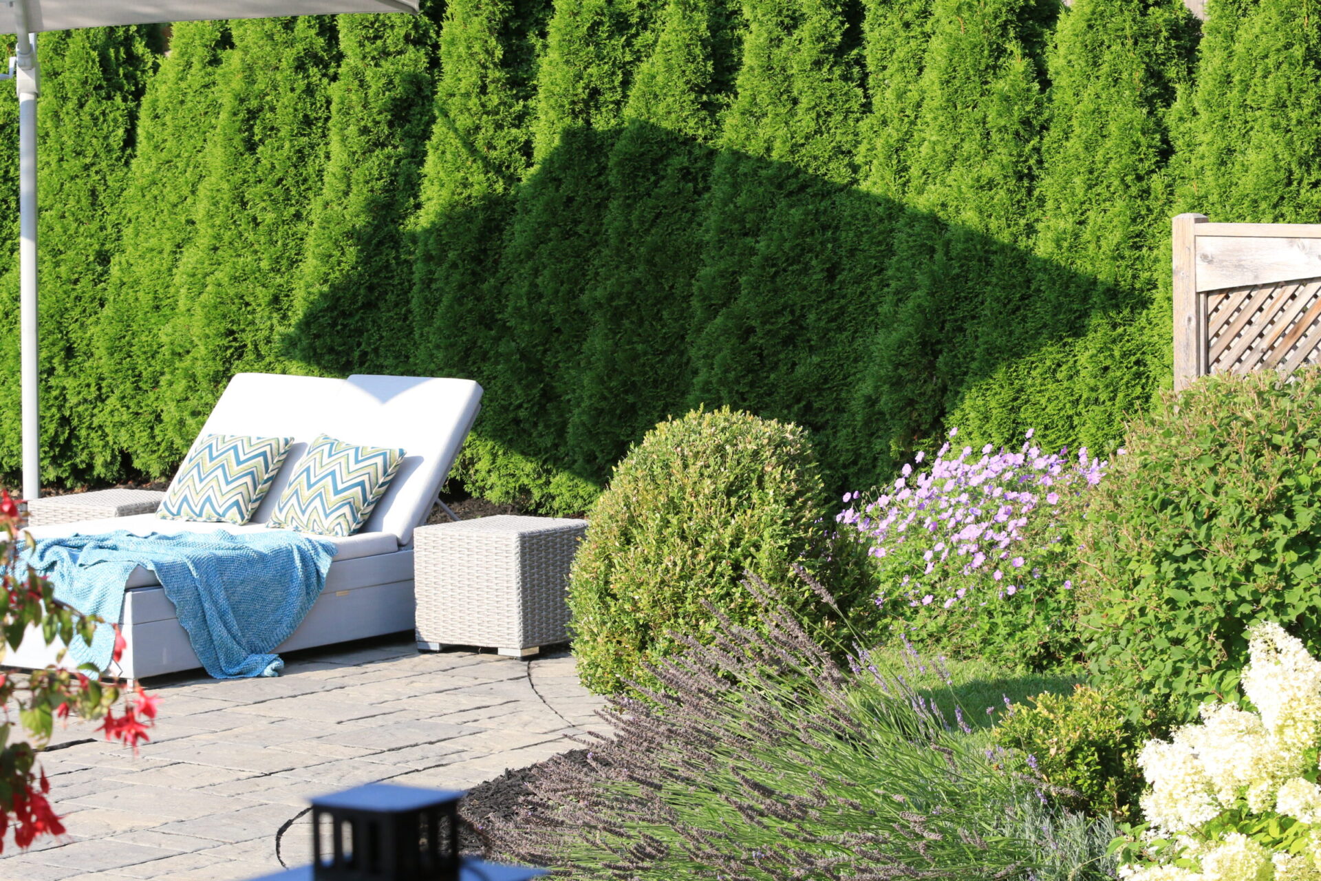 A serene backyard patio with a white lounger, vibrant green hedges, decorative pillows, and blooming flowers creates a peaceful outdoor retreat.