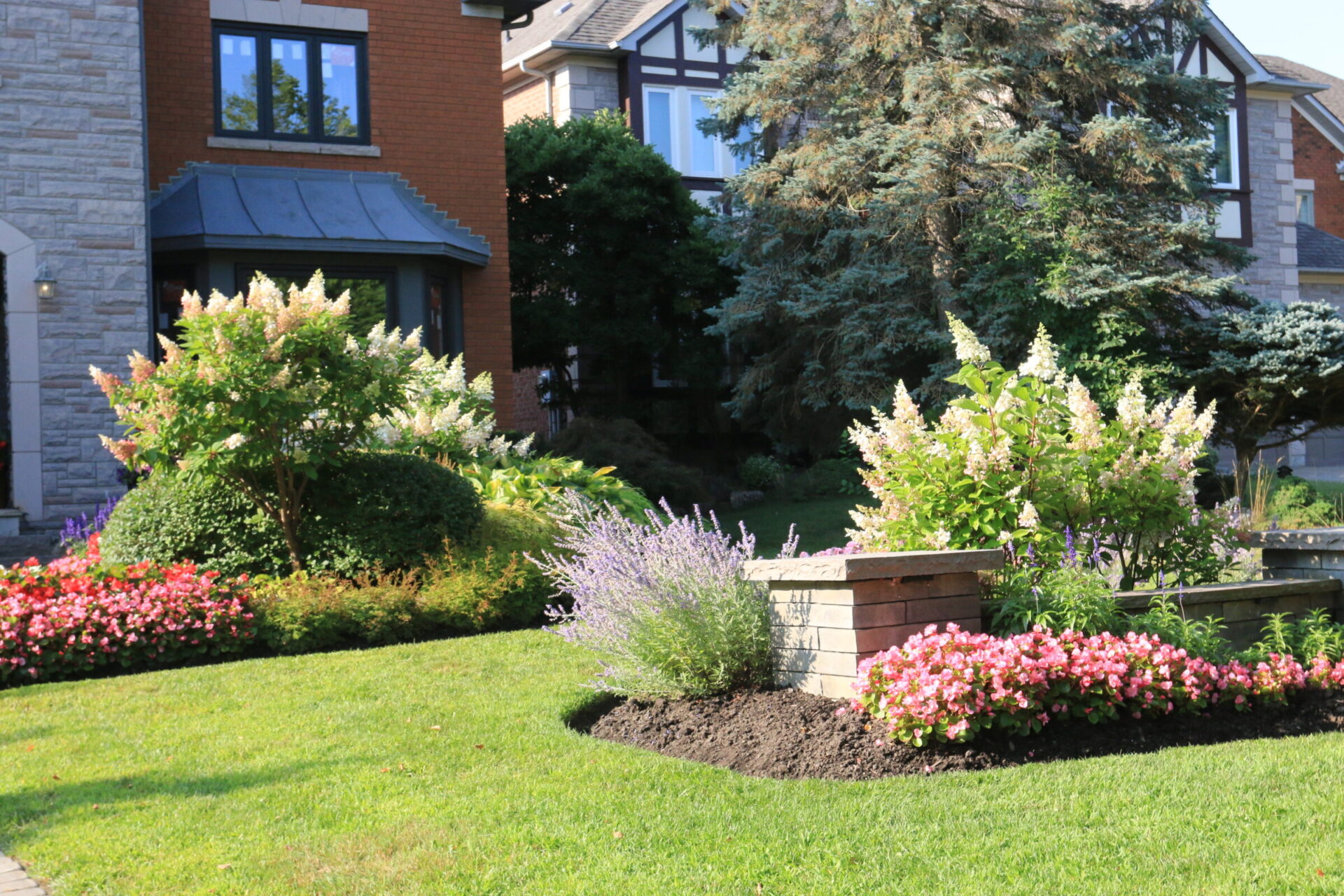 A landscaped residential garden features lush greenery, colorful flowers, neatly trimmed shrubs, and a small stone wall in front of classic-style houses.