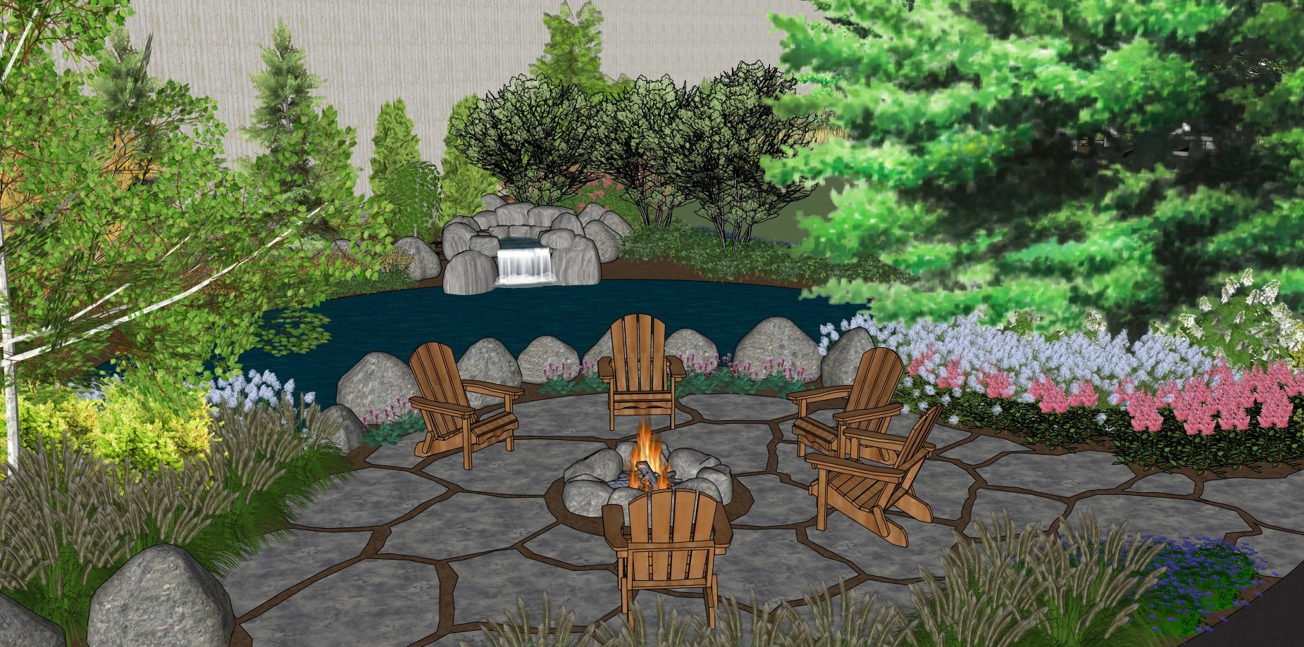 A tranquil garden features a stone patio with chairs around a fire pit, a small pond, waterfall, and lush trees and flowers.